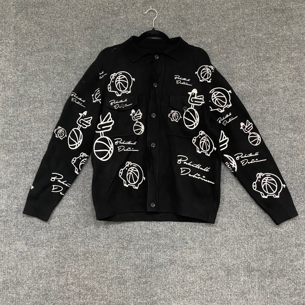 Zara Basketball Delirium Black Graphic Knit Button Up Cardigan Sweater Mens M